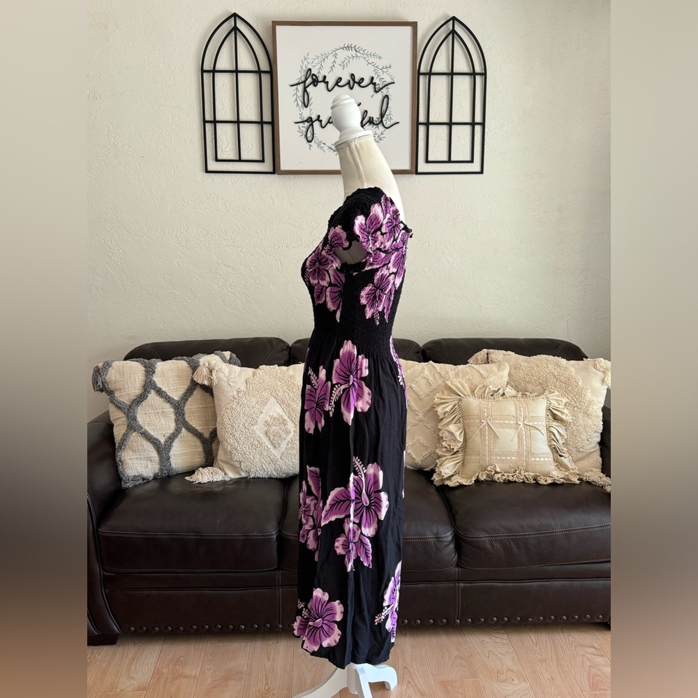 Hawaii Aloha Floral Print Midi Dress Ruched Bodice Beach Summer One Size Retro - Picture 7 of 10